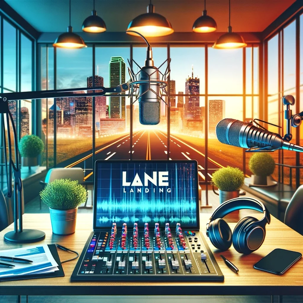 a laptop in a podcast studio with the Lane Lending logo on the screen