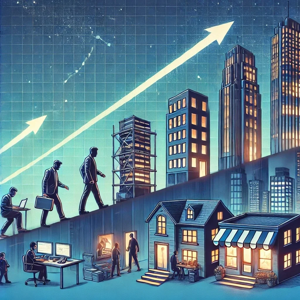 An illustration of three persons who are moving forward and an arrow, symbolizing growth, is above them. A picture is an illustration of how the Lane Landing digital marketing agency can help businesses grow.