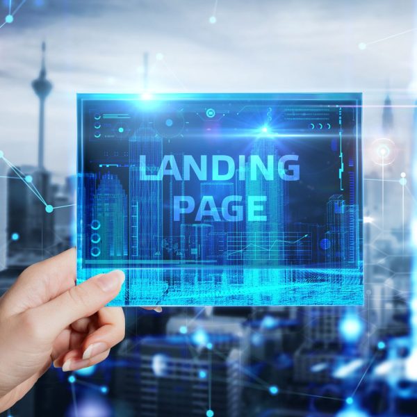 Businessman presses button landing page on virtual screens. Business, Technology, Internet and network concept.