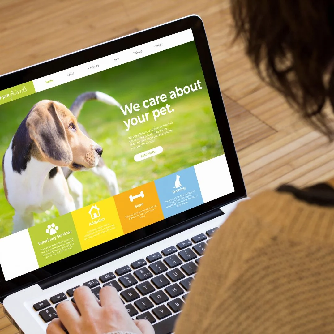 A woman is sitting in front of a laptop and watching a landing page about dog care.